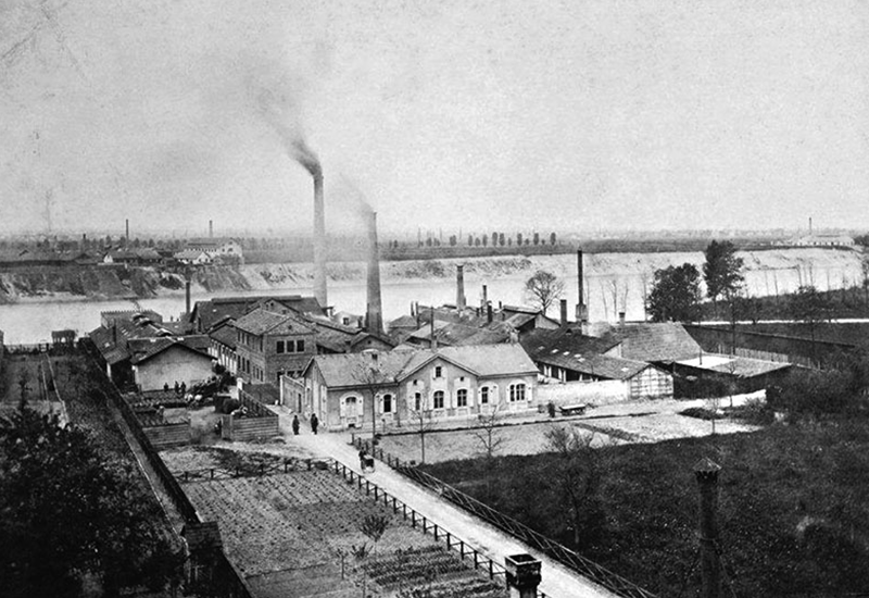 Das Areal der späteren Gesellschaft für Chemische Industrie in Basel am Rhein, um 1879.